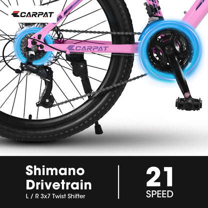 S24103  24 Inch Mountain Bike For Teenagers Girls Women, Shimano 21 Speeds With Dual Disc Brakes And 100mm Front Suspension, White-Pink
