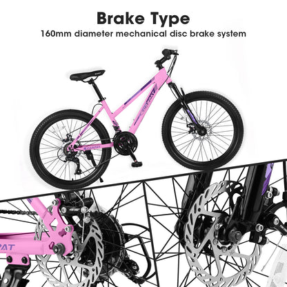S24103  24 Inch Mountain Bike For Teenagers Girls Women, Shimano 21 Speeds With Dual Disc Brakes And 100mm Front Suspension, White-Pink