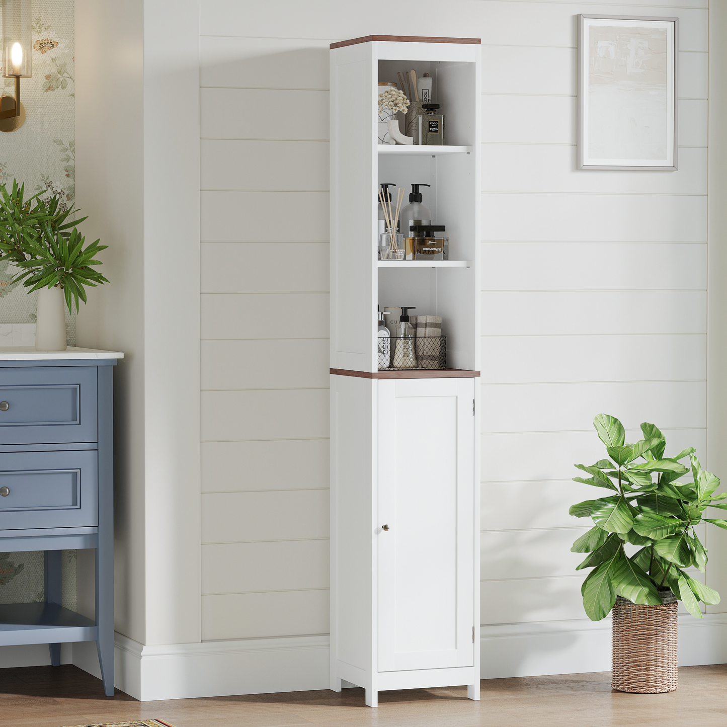 Tall Bathroom Storage Cabinet with Reversible Door, Narrow Freestanding Linen Tower Organizer, Adjustable Shelves, Open Storage and Enclosed Cabinet for Bathroom Laundry Room Small Spaces, White