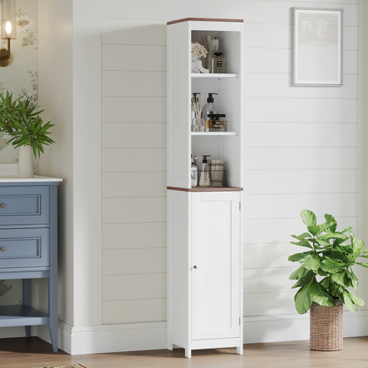 Tall Bathroom Storage Cabinet with Reversible Door, Narrow Freestanding Linen Tower Organizer, Adjustable Shelves, Open Storage and Enclosed Cabinet for Bathroom Laundry Room Small Spaces, White