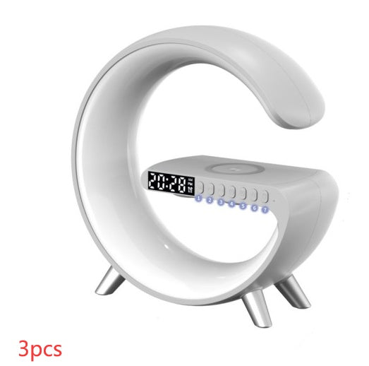 G-Shaped LED Lamp with Bluetooth Speaker & 15W Wireless Charger, Smart Atmosphere Light with App Control, Alarm Clock, Dimmable RGB Night Light for Bedroom Home Decor
