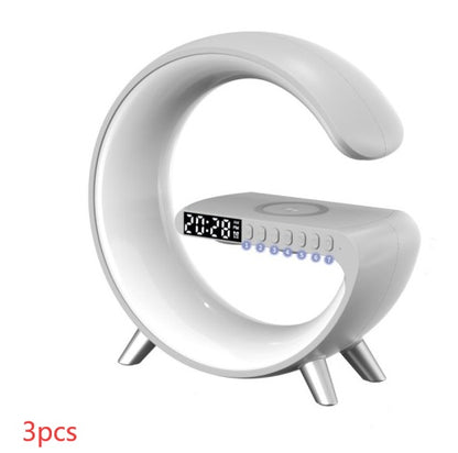 G-Shaped LED Lamp with Bluetooth Speaker & 15W Wireless Charger, Smart Atmosphere Light with App Control, Alarm Clock, Dimmable RGB Night Light for Bedroom Home Decor