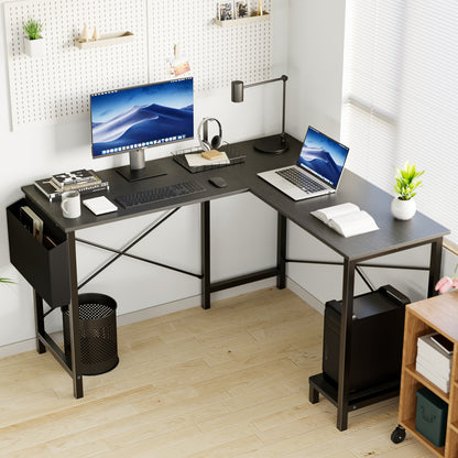 L-Shaped Computer Desk 50 Inch Corner Desk with Storage Pocket & CPU Stand, Sturdy Steel Frame Wooden Desktop Workstation, Space Saving Gaming Desk for Home Office Study Room