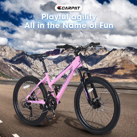 S24103  24 Inch Mountain Bike For Teenagers Girls Women, Shimano 21 Speeds With Dual Disc Brakes And 100mm Front Suspension, White-Pink