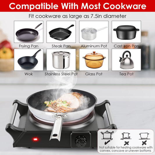 1000W Electric Single Burner Hot Plate Portable Countertop Stove with Stepless Temperature Control, Fast Heating Glass Cooktop, Compact RV Cooking Burner with Handles for Travel & Dorm Use