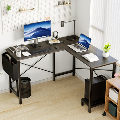 L-Shaped Computer Desk 50 Inch Corner Desk with Storage Pocket & CPU Stand, Sturdy Steel Frame Wooden Desktop Workstation, Space Saving Gaming Desk for Home Office Study Room