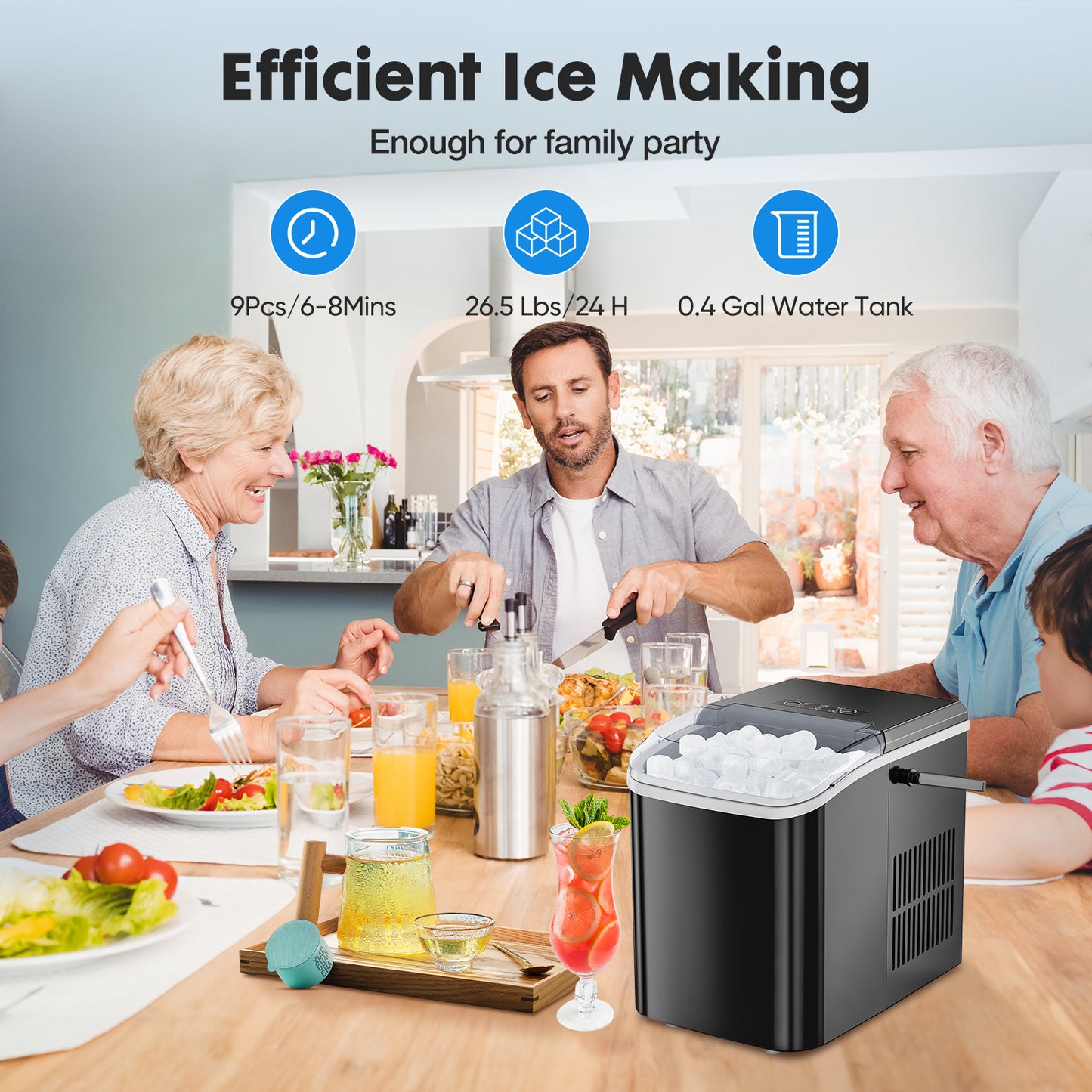 Portable Countertop Ice Maker – 26 lbs in 24 Hours – Self-Cleaning Compact Ice Machine, 9 Ice Cubes in 6 mins, with 2 Colors, Energy Saving & Basket | Travel | Festival | Bar | Home | Party
