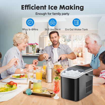 Portable Countertop Ice Maker – 26 lbs in 24 Hours – Self-Cleaning Compact Ice Machine, 9 Ice Cubes in 6 mins, with 2 Colors, Energy Saving & Basket | Travel | Festival | Bar | Home | Party