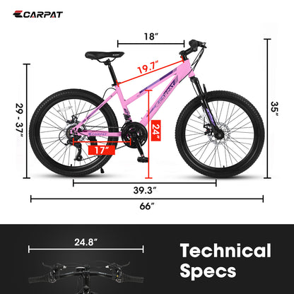 S24103  24 Inch Mountain Bike For Teenagers Girls Women, Shimano 21 Speeds With Dual Disc Brakes And 100mm Front Suspension, White-Pink