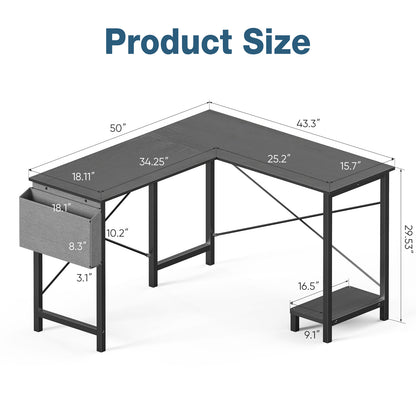 L-Shaped Computer Desk 50 Inch Corner Desk with Storage Pocket & CPU Stand, Sturdy Steel Frame Wooden Desktop Workstation, Space Saving Gaming Desk for Home Office Study Room