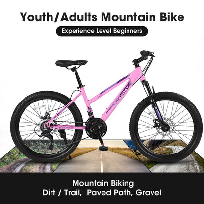 S24103  24 Inch Mountain Bike For Teenagers Girls Women, Shimano 21 Speeds With Dual Disc Brakes And 100mm Front Suspension, White-Pink