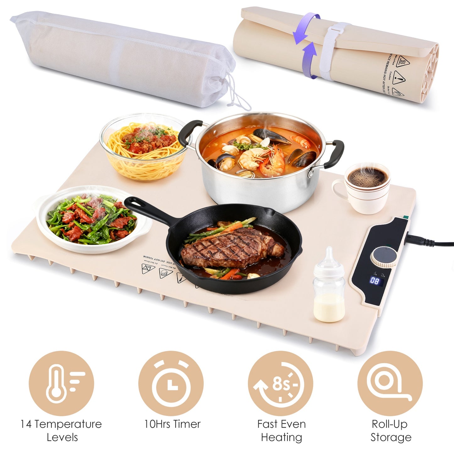 Food Warming Mat Electric Silicone Hot Plate 300W Fast Heating, 14 Temp Levels with Timer, Portable Roll-Up Buffet Warmer Tray for Parties Kitchen Table Food Heater Pad