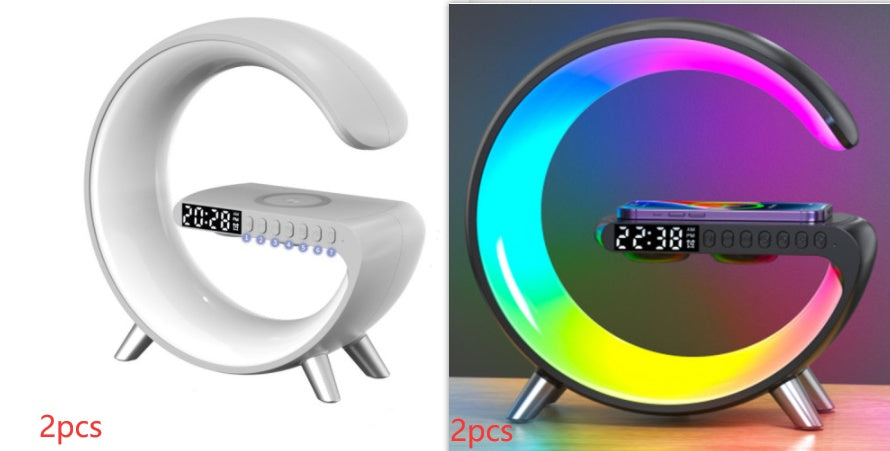 G-Shaped LED Lamp with Bluetooth Speaker & 15W Wireless Charger, Smart Atmosphere Light with App Control, Alarm Clock, Dimmable RGB Night Light for Bedroom Home Decor