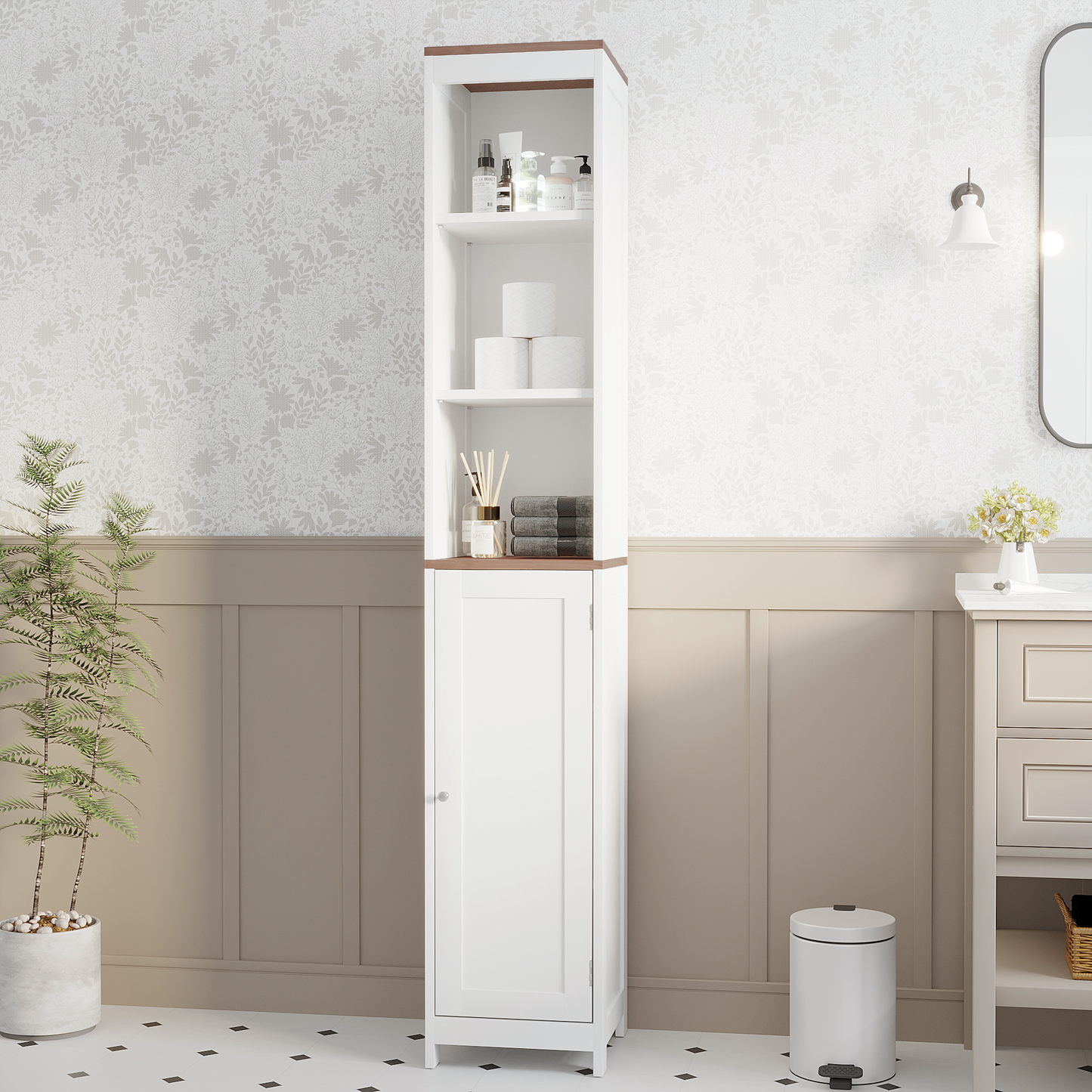 Tall Bathroom Storage Cabinet with Reversible Door, Narrow Freestanding Linen Tower Organizer, Adjustable Shelves, Open Storage and Enclosed Cabinet for Bathroom Laundry Room Small Spaces, White