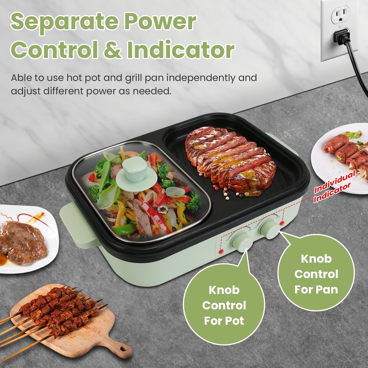 2-in-1 Electric Hot Pot with Grill Non-Stick Cooker, Portable Dual Power Electric Cooker Pot & Griddle Combo with Glass Lid, Fast Heating Mini Electric Skillet for BBQ, Noodles, Steak (1–2 People)