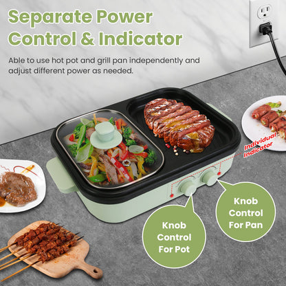 2-in-1 Electric Hot Pot with Grill Non-Stick Cooker, Portable Dual Power Electric Cooker Pot & Griddle Combo with Glass Lid, Fast Heating Mini Electric Skillet for BBQ, Noodles, Steak (1–2 People)