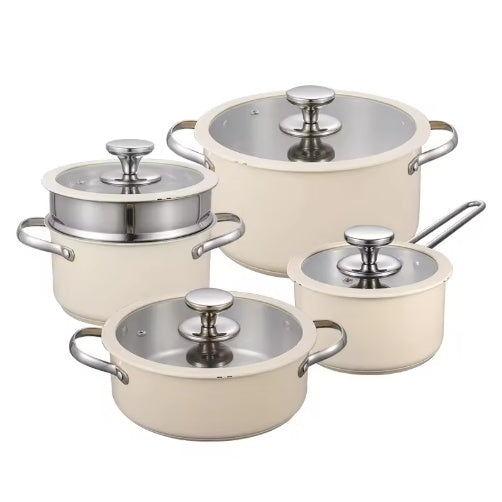 9PCS Stainless Steel Ceramic Coated Cookware Set with Glass Lids & Steamer, Non-Stick Pots and Pans Set for Gas & Induction Cooktops, Dishwasher & Oven Safe Kitchen Cookware