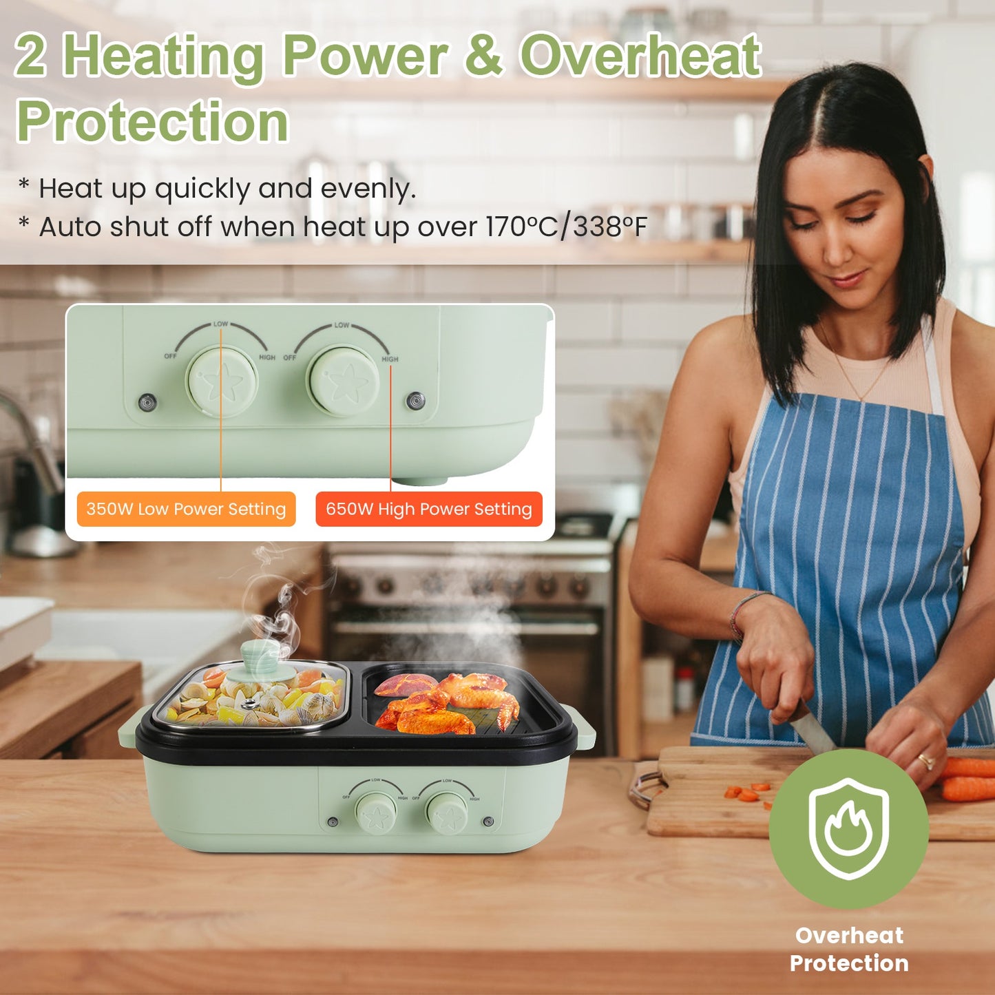 2-in-1 Electric Hot Pot with Grill Non-Stick Cooker, Portable Dual Power Electric Cooker Pot & Griddle Combo with Glass Lid, Fast Heating Mini Electric Skillet for BBQ, Noodles, Steak (1–2 People)