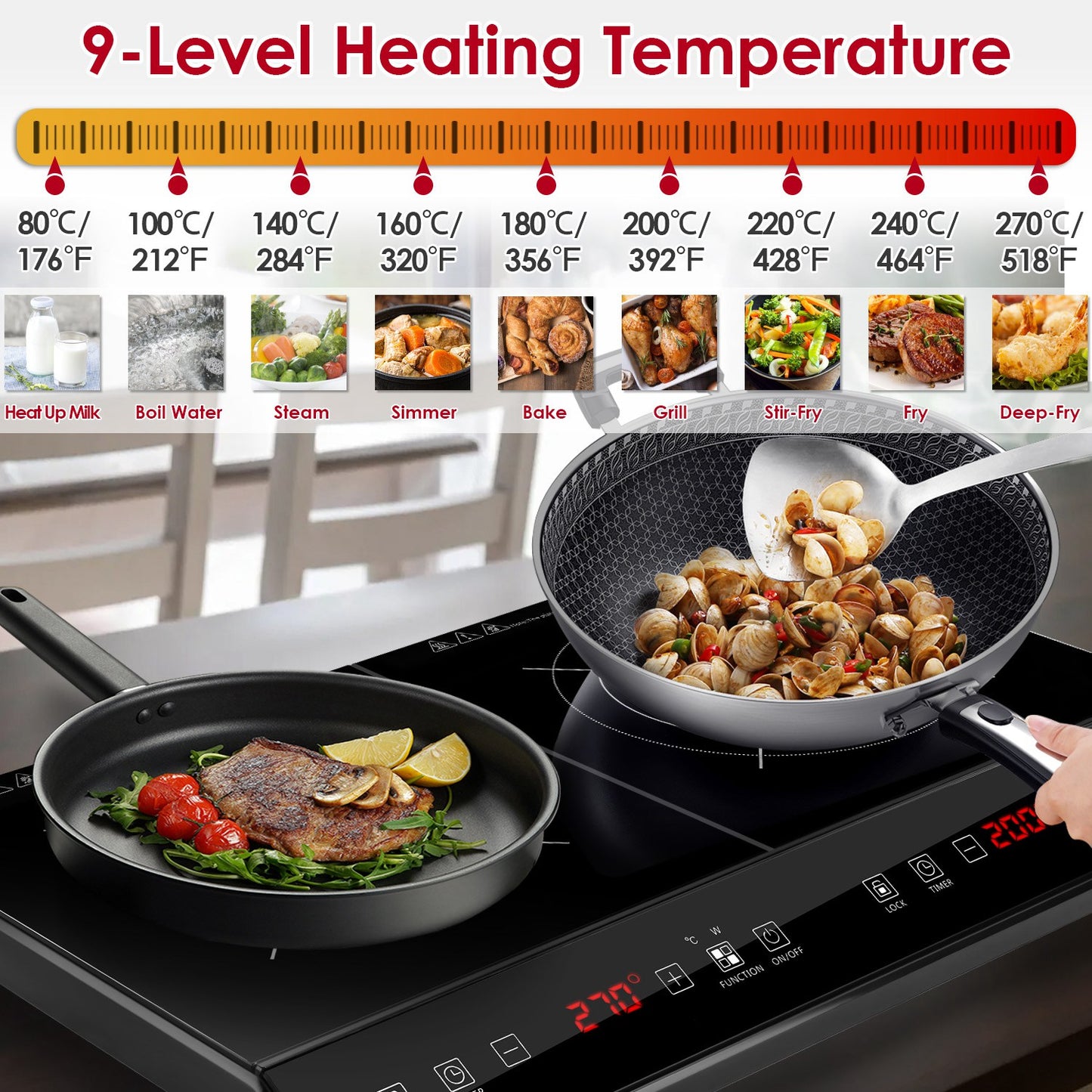 1Pc 4000W Induction Cooktop Portable Double Induction Cooker Electric Dual Burner Stove Countertop Hot Plate With 9 Power 9 Temperature 3H Timer