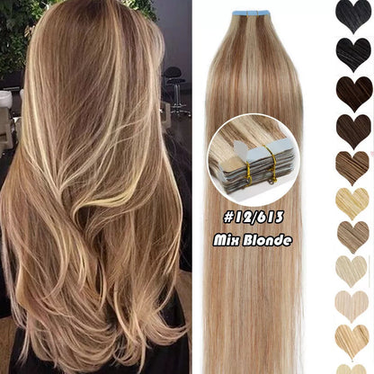 Platinum Blonde Tape In Hair Extensions 20” Double Drawn Remy Human Hair 50g Seamless Invisible Skin Weft Thick Full Ends Soft Smooth Tangle Free Waterproof Adhesive
